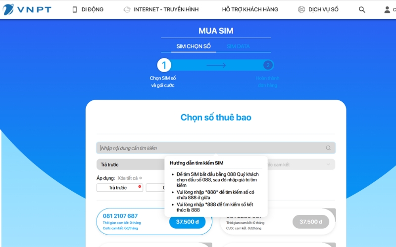 Người dùng có thể tìm SIM số đẹp VinaPhone theo nhu cầu trên My VNPT hoặc website DigiShop