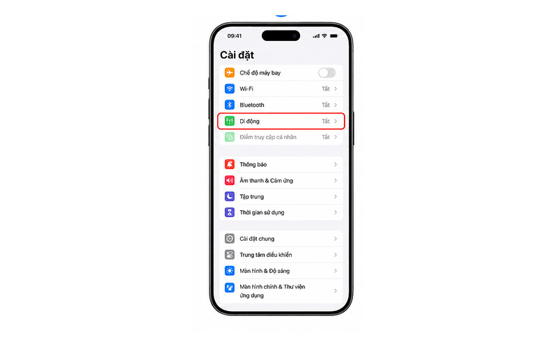 Vào Cài đặt → Chọn Di động