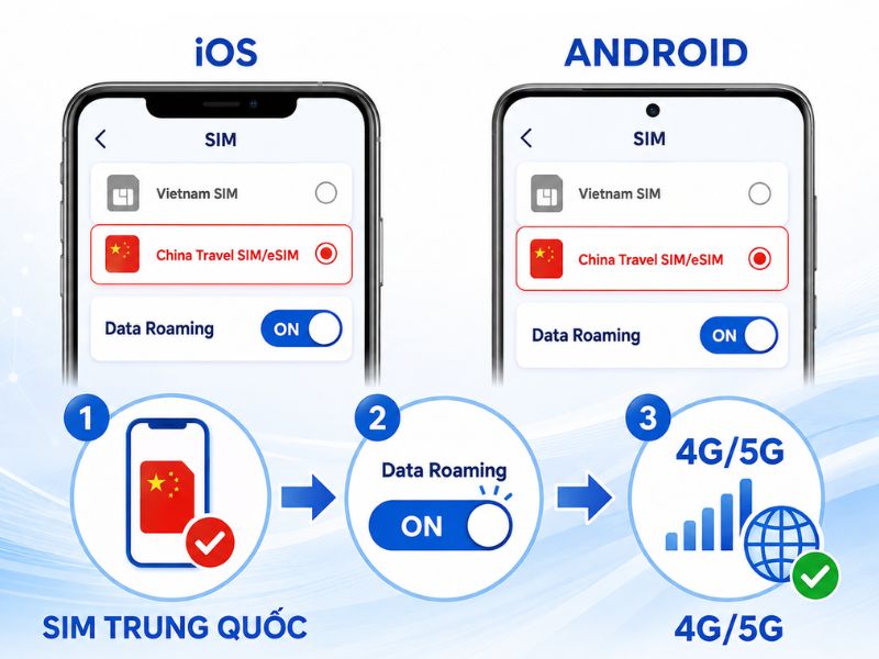 Bật Data Roaming cho SIM/eSIM du lịch Trung Quốc