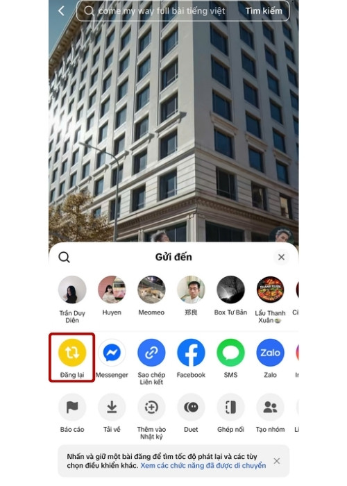 Chọn nút Đăng lại màu vàng bên trái màn hình