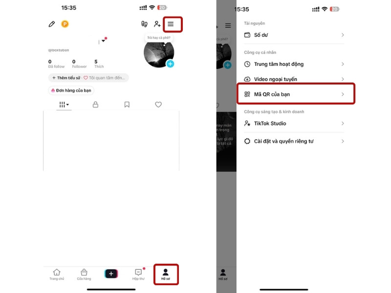 Trên điện thoại vào Hồ sơ, chọn 3 dấu gạch ngang bên trên góc phải > Chọn Mã QR của bạn
