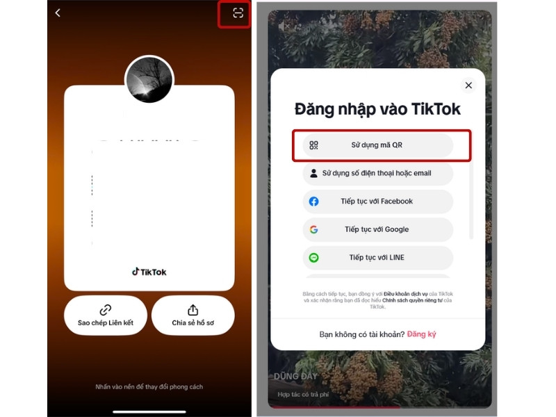 Trên điện thoại chọn ô vuông góc trên bên phải, đồng thời trên máy tính chọn phương thức đăng nhập là Sử dụng mã QR