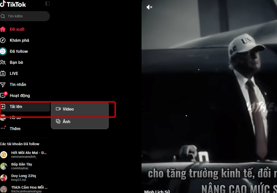 Truy cập TikTok trên máy tính và chọn Tải lên