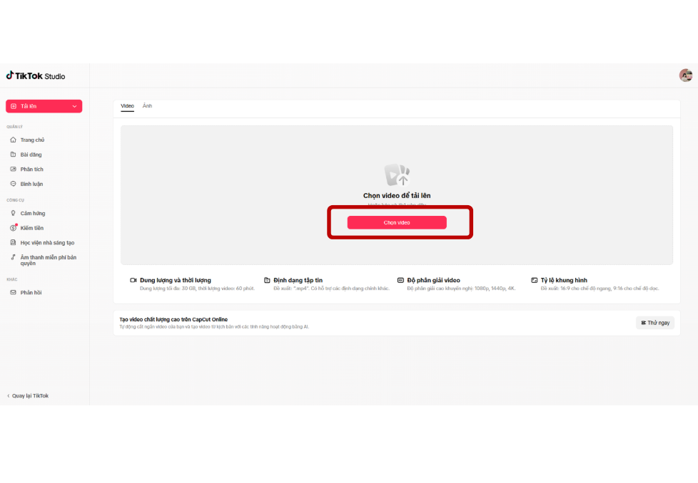 Chọn video cần đăng TikTok trên máy tính