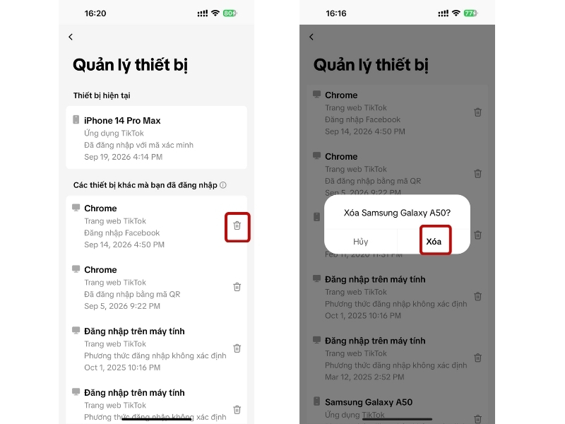 Nhấn biểu tượng thùng rác cạnh thiết bị muốn đăng xuất, sau đó nhấn Xóa trong hộp thoại xác nhận