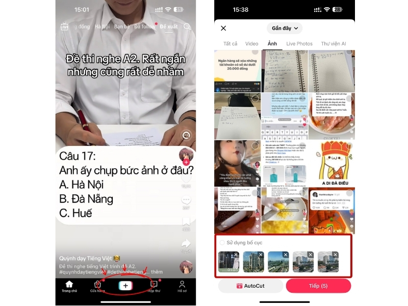 Mở TikTok → nhấn “+” => Chọn Tải lên và lấy nhiều ảnh từ thiết bị