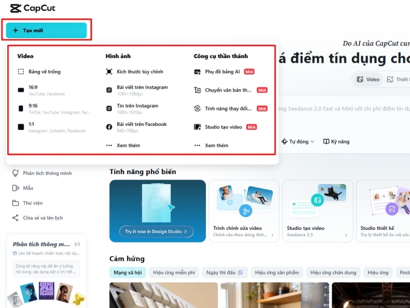 Mở Capcut và ấn Tạo mới