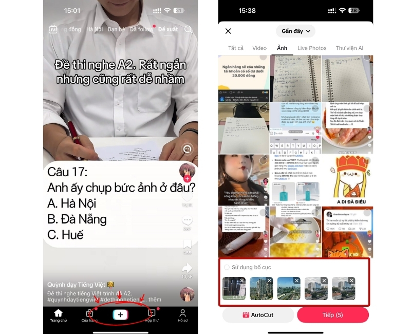 Ấn vào dấu + rồi chọn các ảnh muốn tạo video > Chọn Tiếp