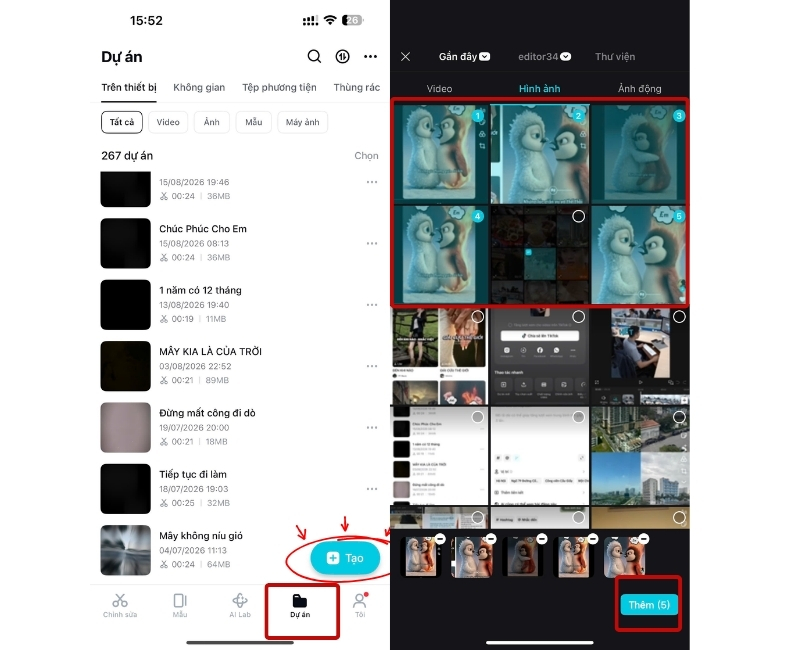 Vào CapCut chọn Dự án, ấn Tạo > Chọn loạt ảnh cần làm video và ấn Thêm
