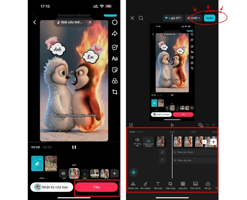 Chọn Tiếp và chỉnh sửa theo mong muốn > Xuất rồi Đăng video lên Tiktok