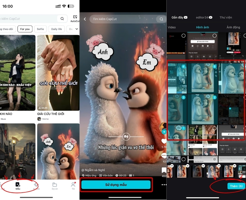Chọn Mẫu > Sử dụng mẫu > Chọn ảnh tạo video >Thêm