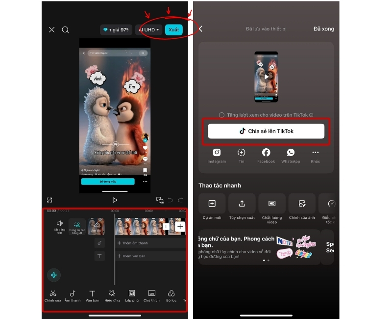 Chỉnh sửa  theo nhu cầu > Xuất > Chia sẻ lên TikTok