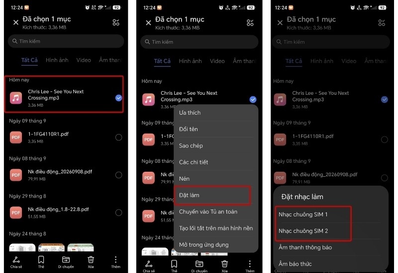 Nhấn menu tùy chọn của file > Chọn Đặt làm nhạc chuông