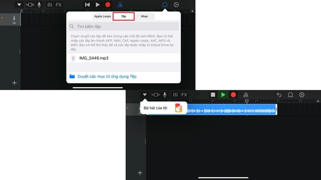 Kéo đoạn âm thanh ra ngoài màn hình GarageBand, căn chỉnh độ dài > Nhấn chọn “Bài hát của tôi” để lưu