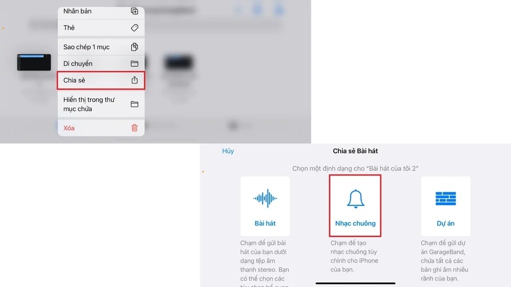 Nhấn giữ đoạn nhạc Tik Tok vừa mới lưu > chọn “Chia sẻ” > cuối cùng chọn “Nhạc chuông”