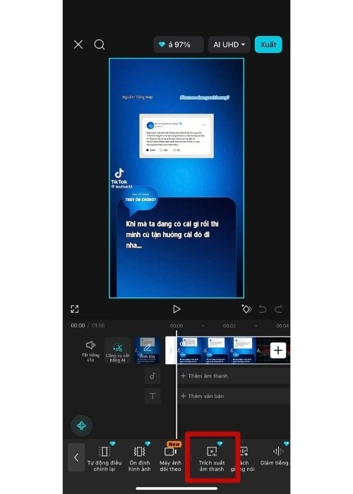Thêm video TikTok vừa lưu vào dự án > Nhấn vào video trên timeline → dùng tính năng Trích xuất âm thanh và xuất dạng MP3