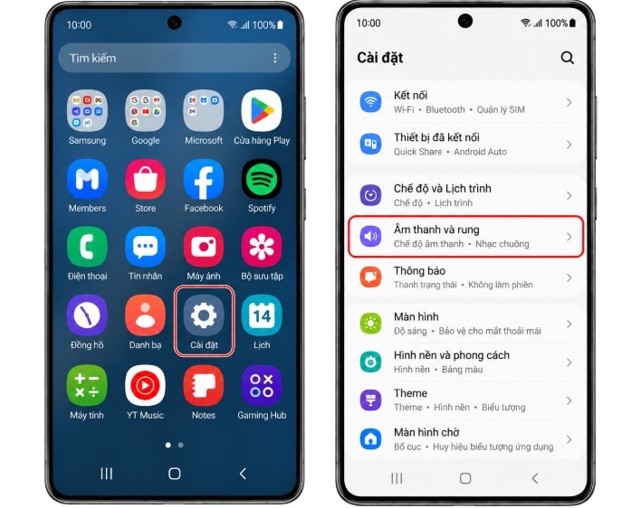 Vào Cài đặt > Nhấn Âm thanh và rung