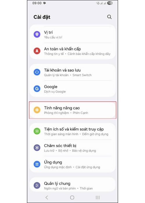 Bước 1: Mở phần Cài đặt trên điện thoại > Chọn Tính năng nâng cao.