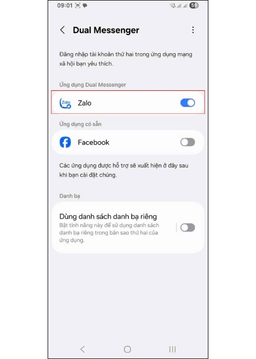 Bước 3: Tìm ứng dụng Zalo trong danh sách > Gạt thanh công cụ sang màu xanh để bật > Bấm nút Cài đặt để xác nhận.