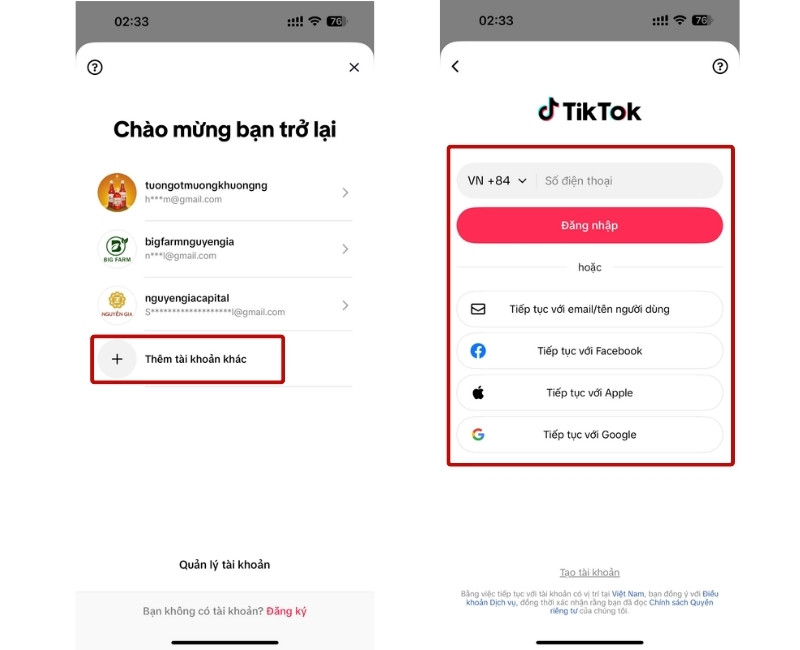 Thêm tài khoản khác bằng phương thức đăng ký số điện thoại hoặc các liên kết phù hợp