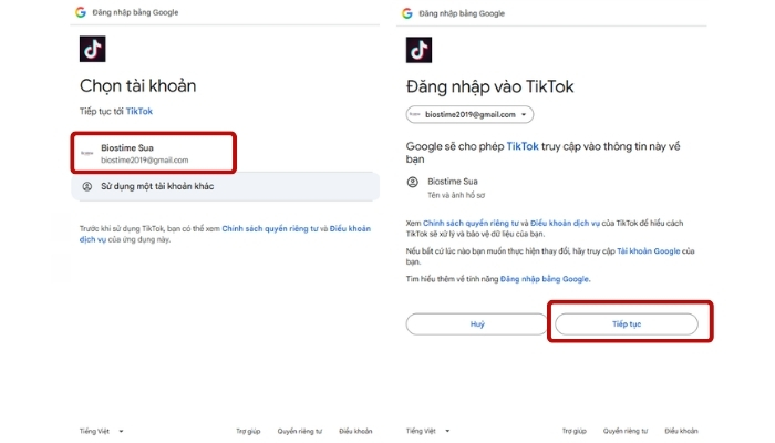 Chọn mail đăng ký > Tiếp tục