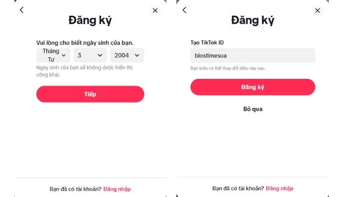 Điền ngày tháng năm sinh và TikTok ID