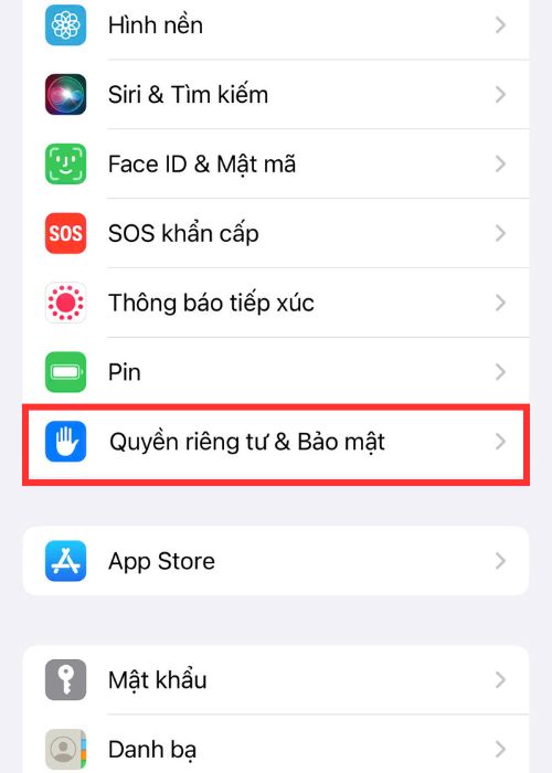 Chọn Quyền riêng tư & Bảo mật.