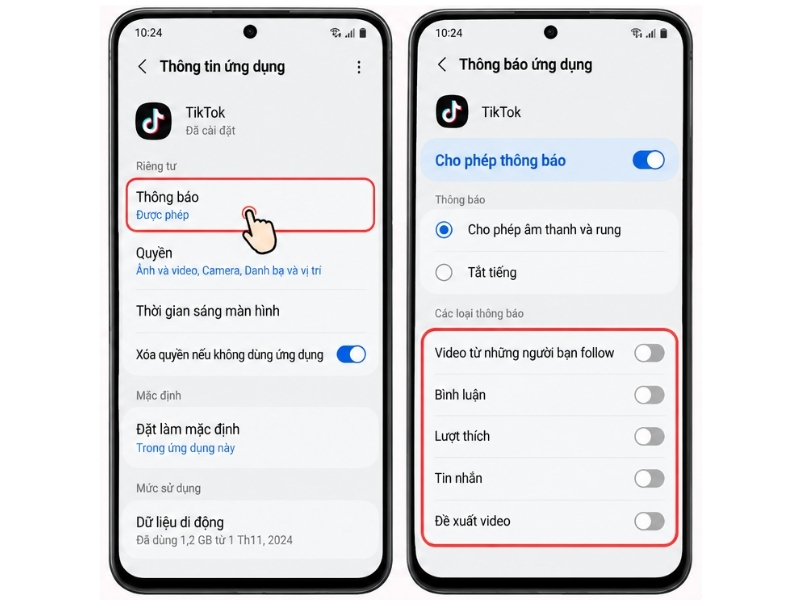 Chọn Tiktok, trong Thông báo gạt tắt thông báo hoặc tắt các phần cần chặn thông báo riêng
