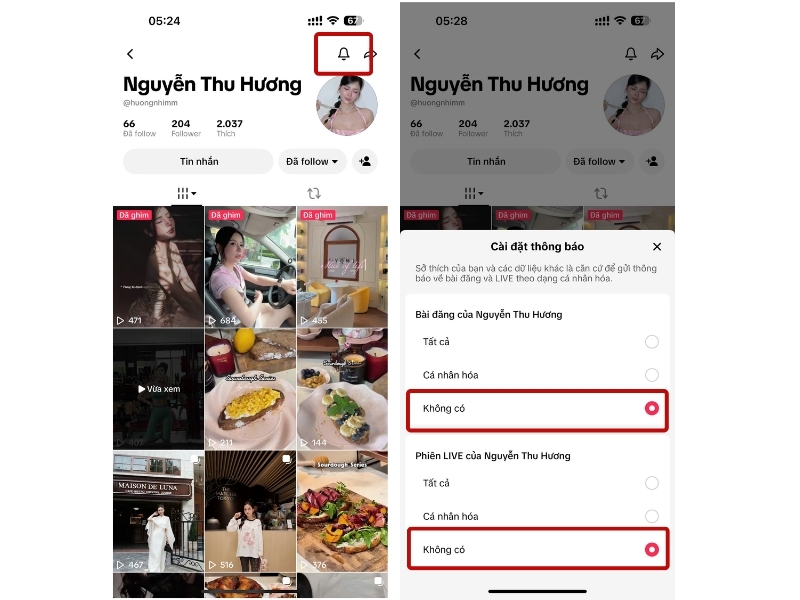 Chọn Không đối với thông báo bài đăng hoặc LIVE muốn ngừng nhận