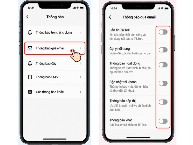 Tìm Thông báo qua email và tắt các nhóm email muốn tắt thông báo