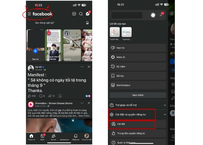 Mở Cài đặt & quyền riêng tư trong ứng dụng Facebook