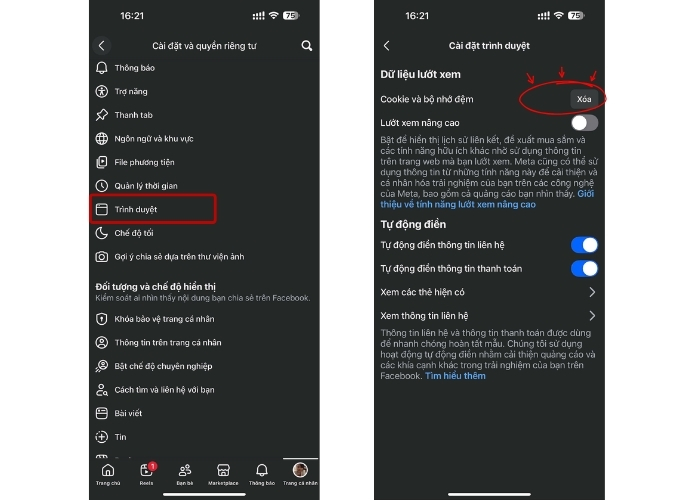 Xóa dữ liệu lướt xem trong trình duyệt Facebook