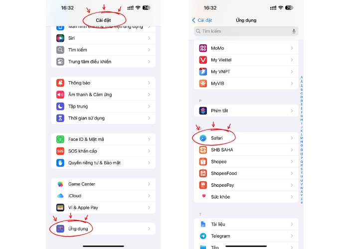 Vào Cài đặt → Ứng dụng → Safari
