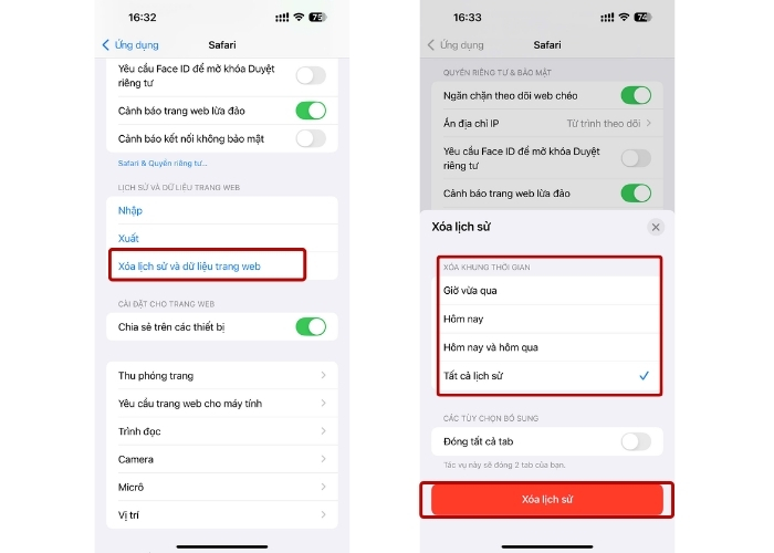 Xóa lịch sử và dữ liệu trang web trên Safari