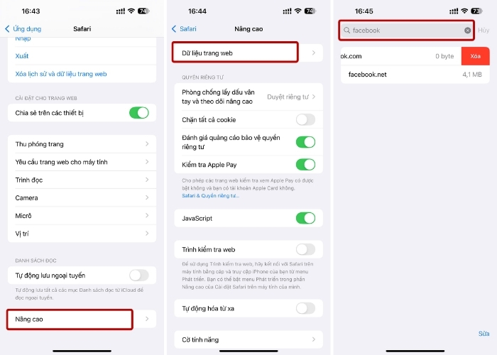 Xóa dữ liệu trang web Facebook trong Safari