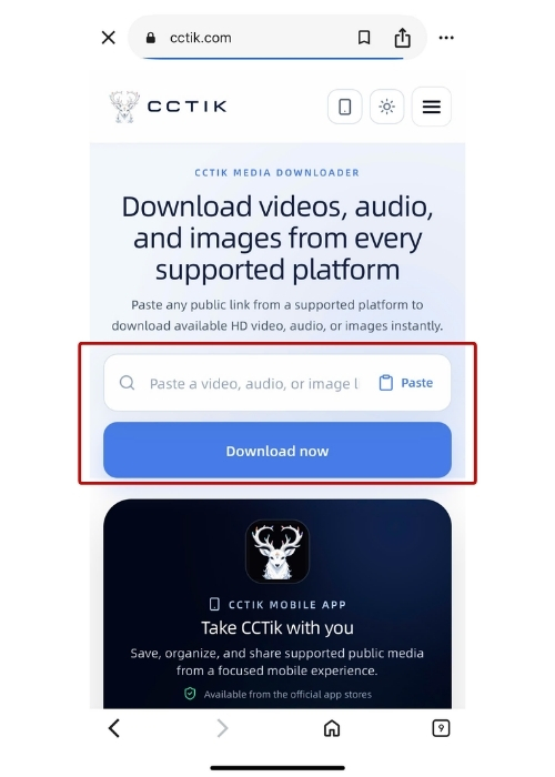 CCTik cũng có thể được sử dụng để xử lý liên kết video TikTok trực tiếp trên trình duyệt điện thoại