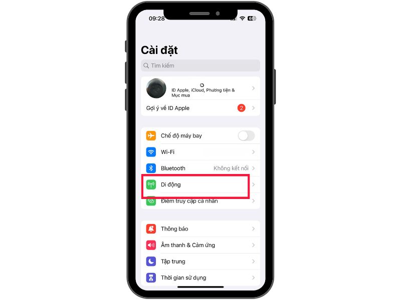 Vào cài đặt và chọn Di động