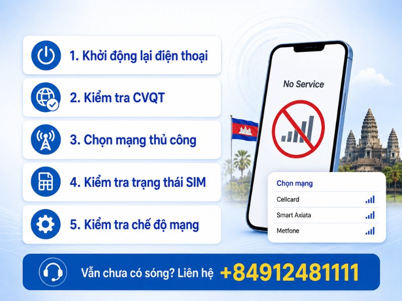 Kiểm tra cài đặt mạng khi điện thoại mất sóng tại Campuchia