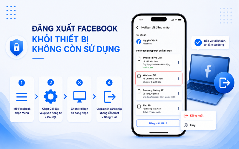 Khi phát hiện thiết bị cũ hoặc phiên đăng nhập không còn cần thiết, chọn phiên tương ứng và đăng xuất