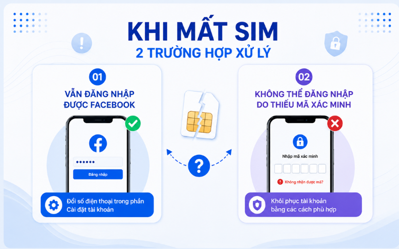 Khi mất SIM, cách xử lý phù hợp được chia thành hai trường hợp: vẫn đăng nhập được Facebook hoặc không thể đăng nhập do thiếu mã xác minh