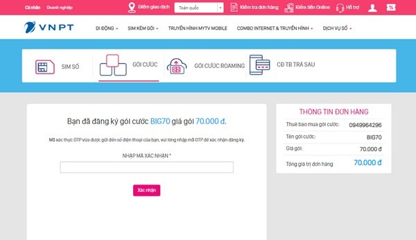 Ấn xác nhận để hoàn tất đăng ký gói BIG70