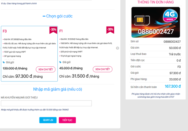 Chọn các gói cước đi kèm sim