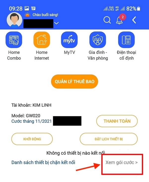 Nhấn vào phần xem gói cước để thấy được thông tin