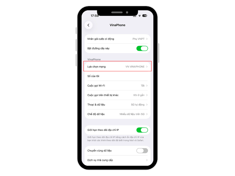 Bước 2: Nhấn vào Lựa chọn mạng (Network Selection)