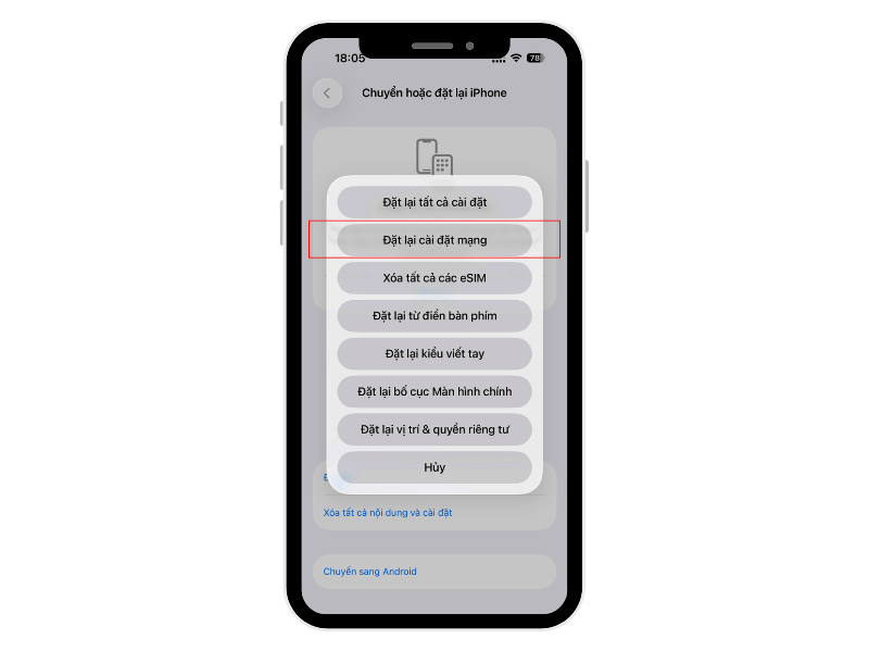 Bước 3: Chọn Đặt lại cài đặt mạng (Reset Network Settings) và xác nhận mật khẩu thiết bị để đưa toàn bộ cấu hình kết nối về trạng thái tiêu chuẩn của Apple