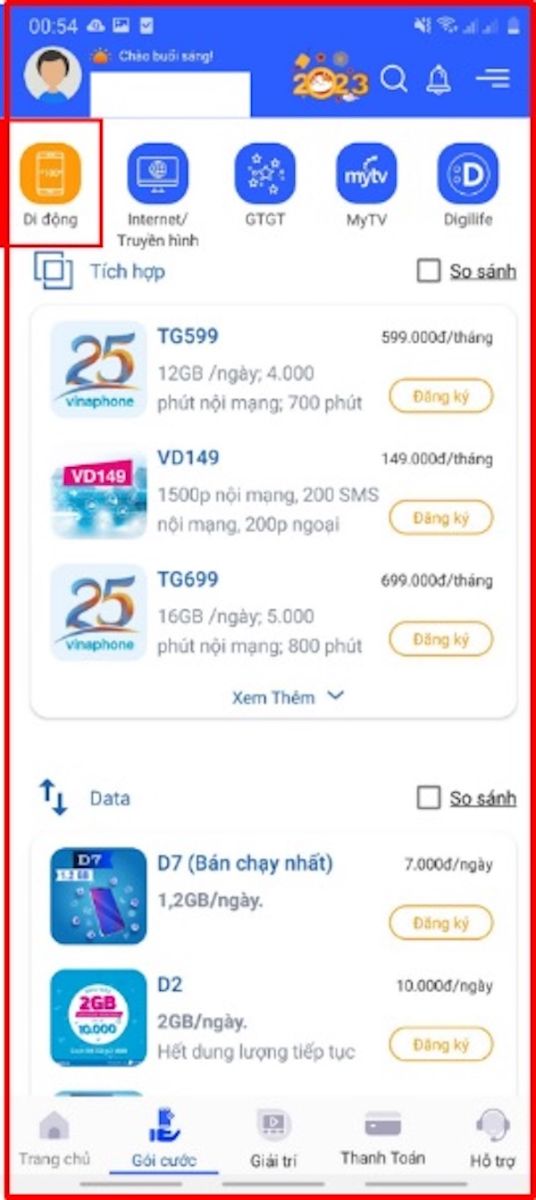 Các gói cước 4G 5K của VinaPhone sẽ nằm tại mục “Di động”