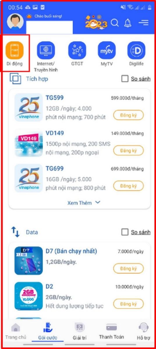 Các gói cước cho sim nằm tại mục “Di động” trên App My VNPT