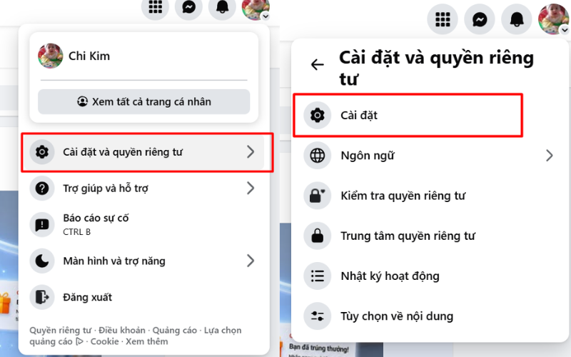 Ảnh đại diện → Cài đặt & quyền riêng tư → Cài đặt