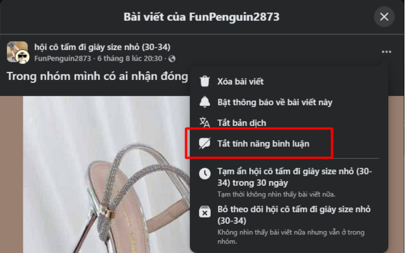 &nbsp;Nhấn biểu tượng Tùy chọn của bài viết > Chọn Tắt tính năng bình luận