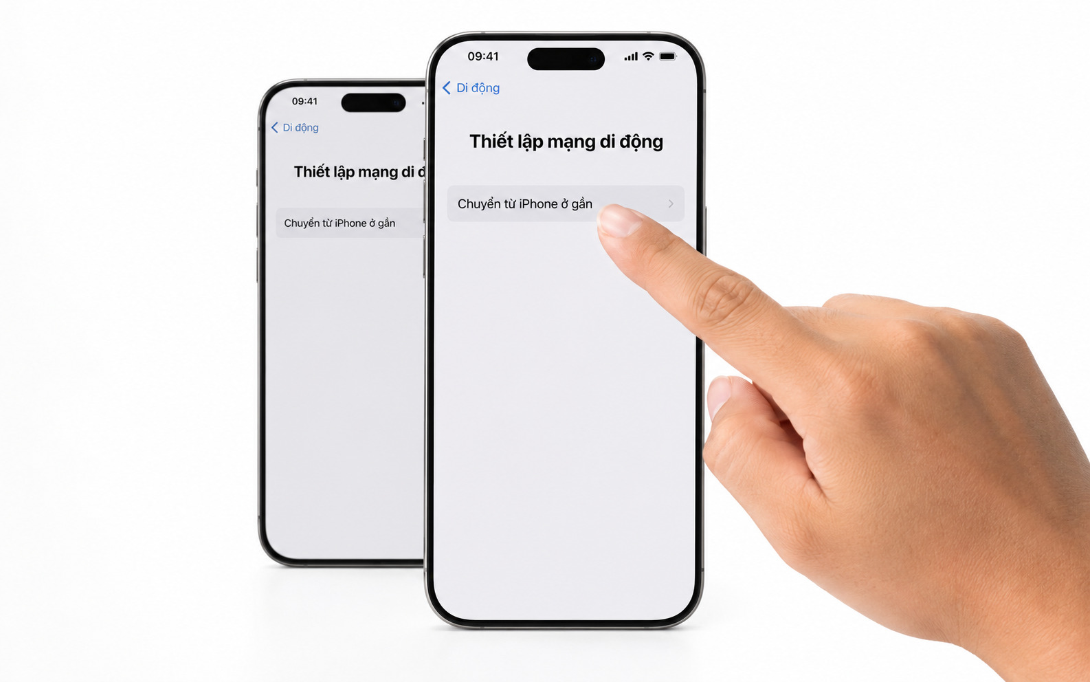Bước 1: Trên iPhone mới: vào Cài đặt > Di động > Thiết lập mạng di động > chọn Chuyển từ iPhone ở gần